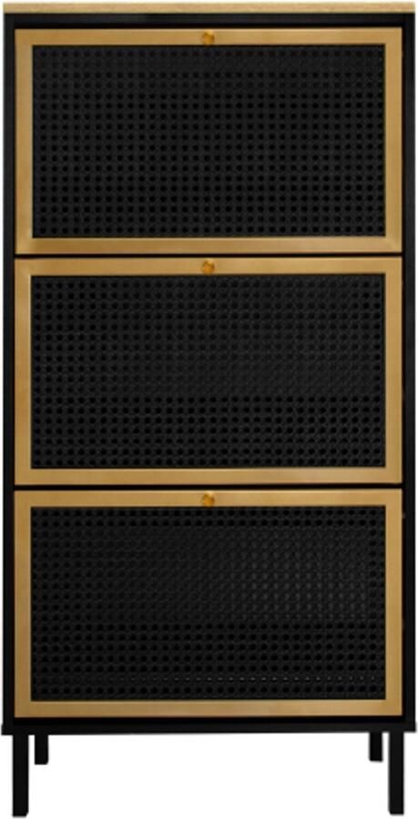 Gotagee Zwarte schoenenkast met drie deuren en honingraatstructuur van metaalrotan dubbele schoenenkast lengte 60 cm met achterwand