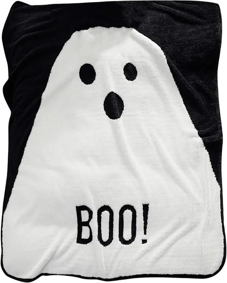 Gotische Halloween-deken Spookachtige flanellen deken met spookprint voor Boo Basket gezellige lichte Halloween-decoratie voor bank bed of cadeau Zwarte spookdeken (100*150cm)