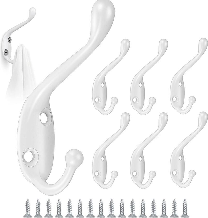 GOTRUST 8-pack kapstokhaken wit vintage wandhaak van metaal dubbele wandhaken retro om te schroeven decoratieve dubbele haken met 16 schroeven voor kapstokhaken badkamer keuken