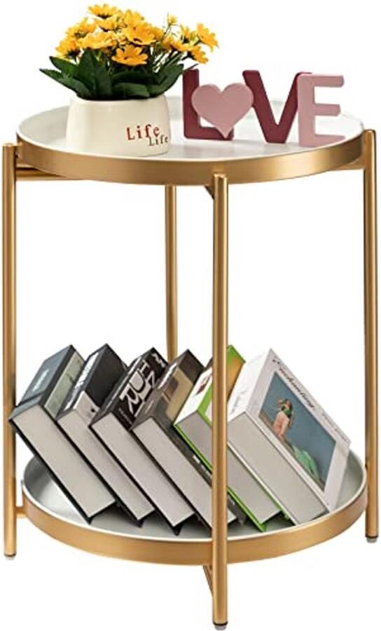 Gouden bijzettafel met 2 niveaus Opvouwbare ronde metalen accenttafel voor slaapkamer en woonkamer