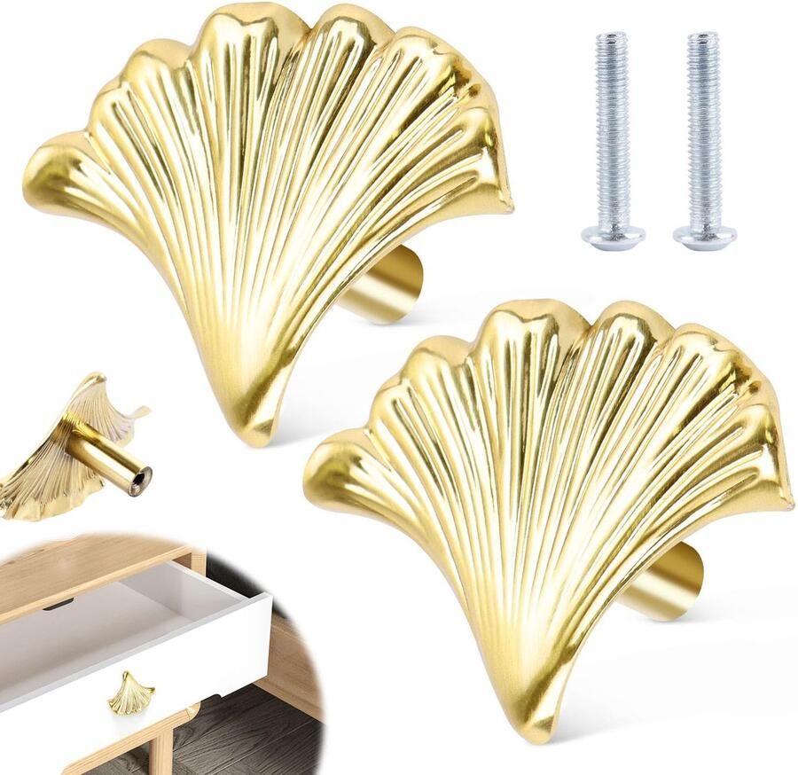 Trankielo Retro Bladvormige Kastknoppen – Messing Deurknoppen – Stijlvolle Meubelgrepen voor Keukenkasten en Laden – 2 Stuks – Goud