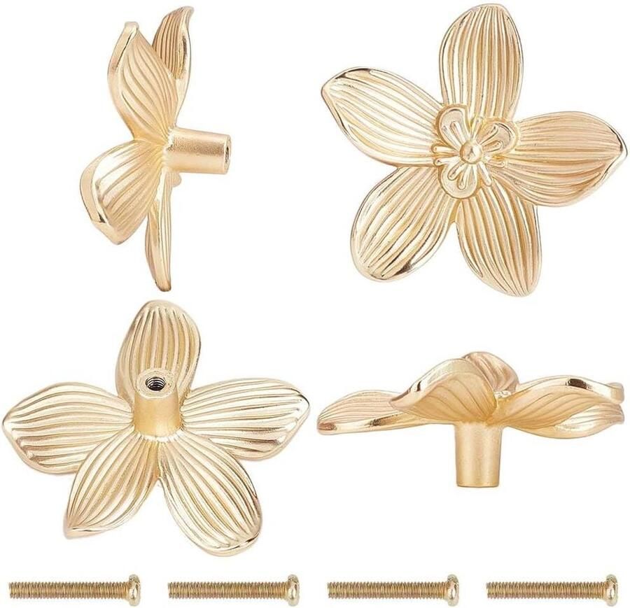 Gouden Bloem Lade Knoppen 4 stuks Zinklegering Creatieve Bloemblad Keukenkast Handvat Dressoir Knoppen Meubelkast Lade Trekt Handgrepen Ijzeren Schroef Slaapkamer Woonkast Hardware