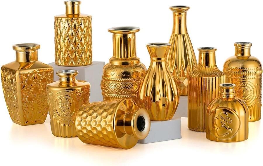 Gouden Bloemenvaas Set Van 10 Kleine Glazen Vazen Bloemen Chique Bud Vazen Vintage Mini Vaas Voor Eettafel Decoraties Voor Kerstdiner Bruiloft