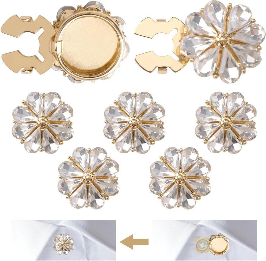 Gouden Bloemvormige Crystal Knop Cover Set van 6 Fancy Knoppen voor Jurk Button Clips