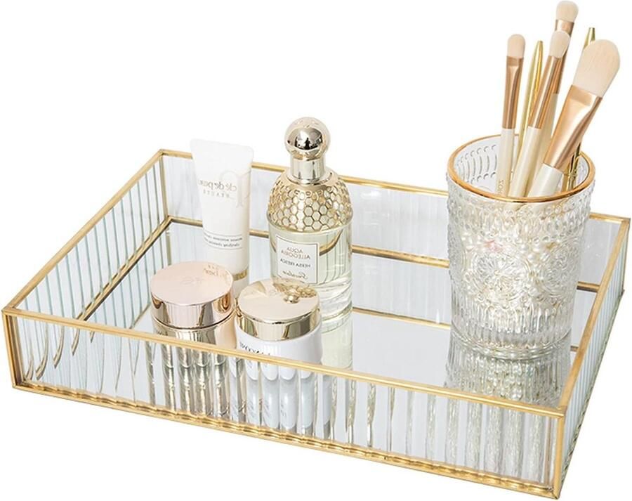 Gouden Dienblad Rechthoekig Spiegel Dienblad met Glas Decoratief Parfum Dienblad Serveerschaal voor Ontbijt Thee Salontafel