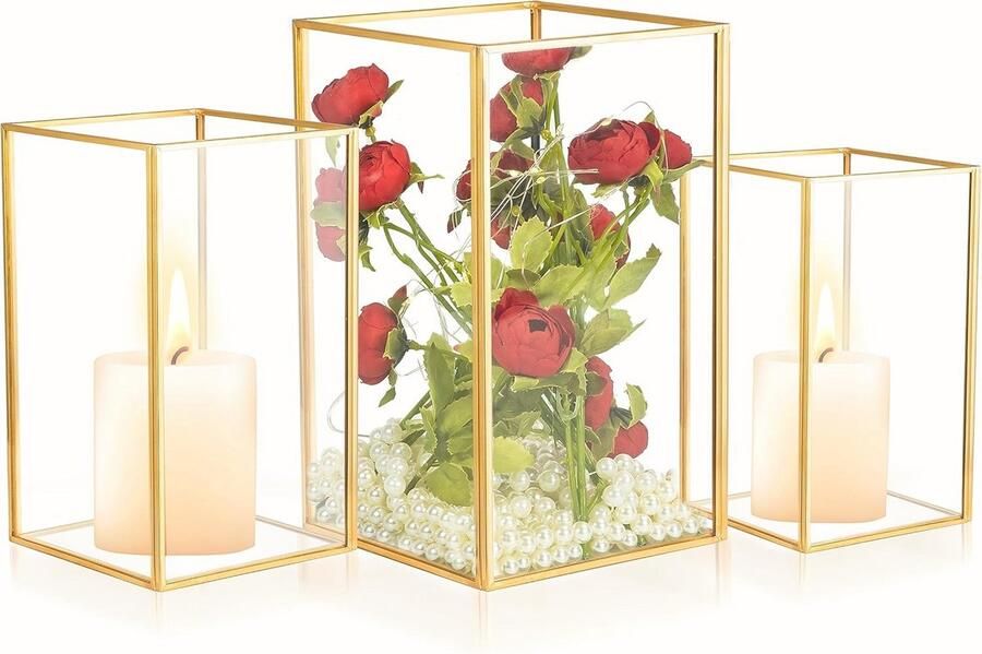 Gouden Glazen Kaarsenhouders Set van 3 voor Pijlerkaarsen Rechthoekige Decoratieve Lantaarns voor Tafel en Bruiloften