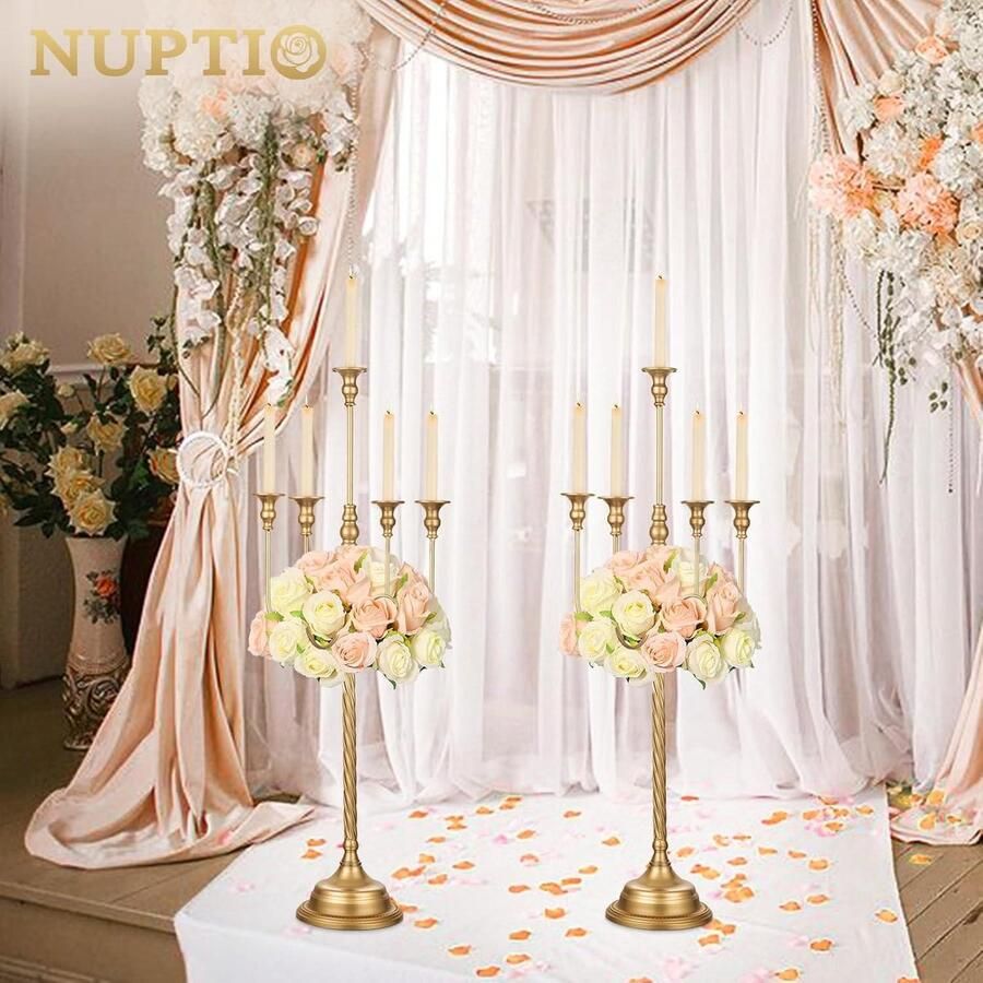 Gouden Kandelaar 94cm Hoog 5 Arm Vloer Staande Kandelaars Kerst Tafel Centrepiece Vintage Kandelaar voor Bruiloft Receptie Vakantie Feest Schoorsteenmantel vloerkandelaar - Foto 2