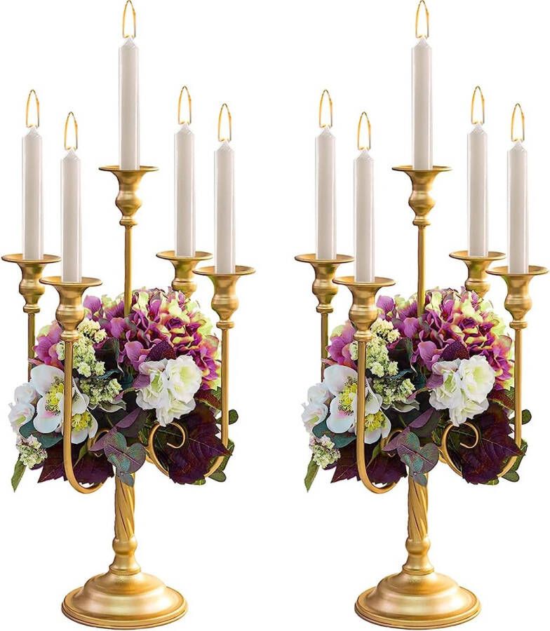 Gouden kandelaar bruiloft centerpieces voor tafels 2 stuks bloemstuk stand & 5 armen kandelaar houders voor bruiloft feest diner tafel middelpunt decoratieve woonaccessoires