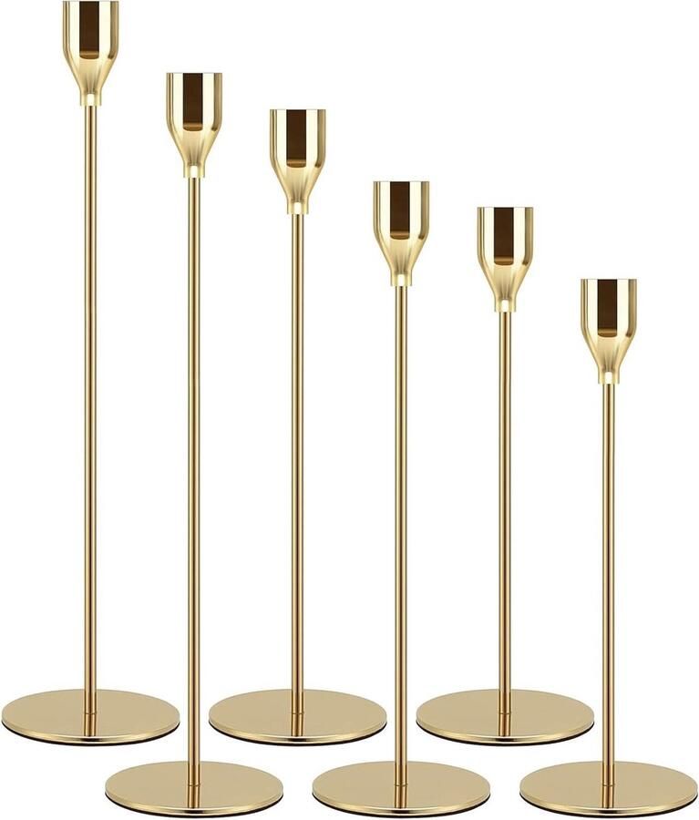 Gouden kandelaar houder set van 6 stuks lange taper kandelaars voor tafel middenstukken bruiloft diner feest decoratie (kaarsen niet inbegrepen)