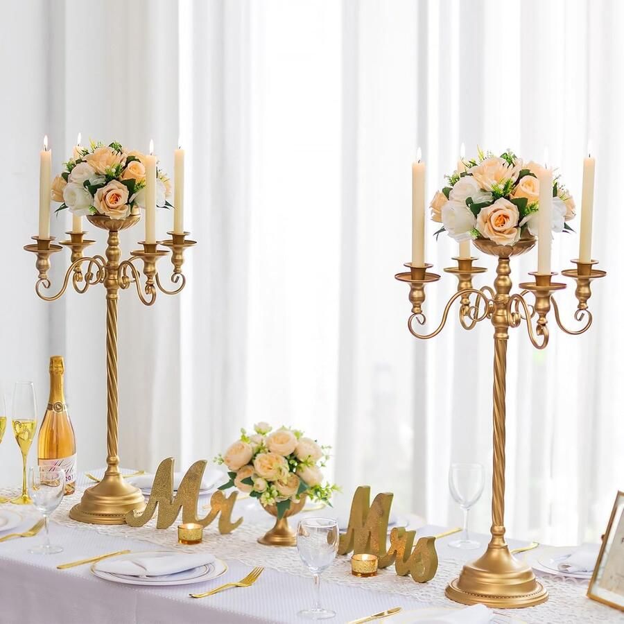 Gouden Kandelaar Houders Kandelaars 70cm Tall 5 armen Kandelaars Metalen Vloer Taper Kandelaar Houder Decoratieve Centerpieces Voor Bruiloft Receptie Kerst Evenement Partij Eettafel Centerpiece