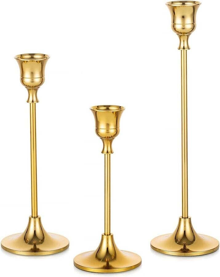 Gouden Kandelaars Houder Kaarshouder Set van 3 Messing Taper Kandelaar Houders Metalen Kandelaar Houders voor Eettafel Schoorsteenmantel Bruiloft Feest Kerst Woonkamer