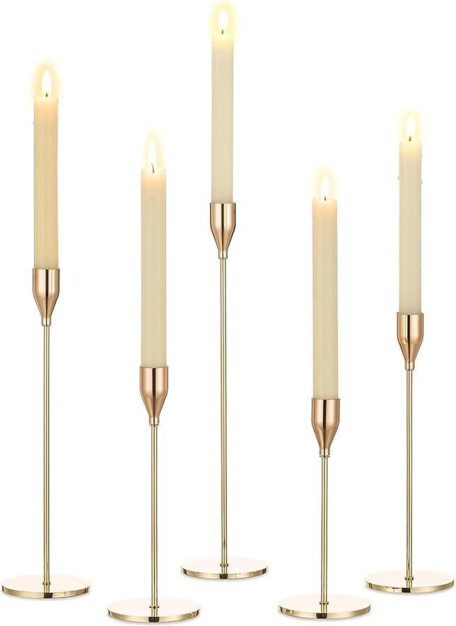 Gouden Kandelaars Taper Kaarsenhouder Set van 5 Hoge Vintage Metalen Kaarsenstandaard voor Kerst Advent Decor Bruiloft Feest Eettafel Centerpiece Thuis Schoorsteendecoraties