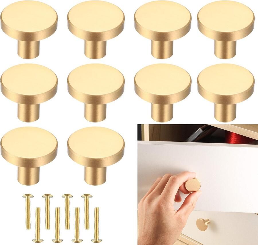 Gouden kastknoppen 10 stuks ronde keukenkastknoppen van geborsteld messing gouden dressoirknoppen ladeknoppen kastknoppen meubelknoppen deurknoppen handgrepen met schroeven