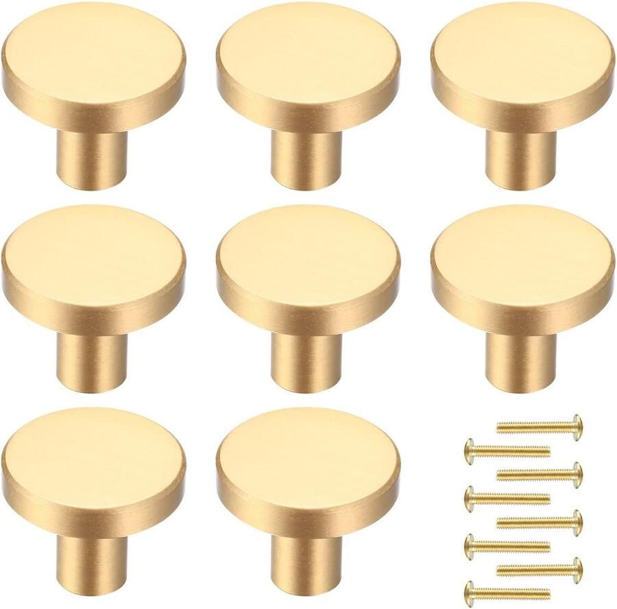 Gouden kastknoppen 8 stuks ronde keukenkastknoppen van geborsteld messing gouden dressoirknoppen ladeknoppen kastknoppen meubelknoppen deurknoppen handgrepen met schroeven