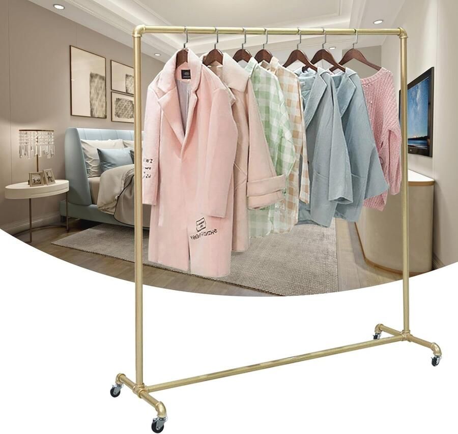 Gouden kledingrek met wielen Vrijstaande kledinghanger voor overhemden mantels en broeken Industrieel ontwerp