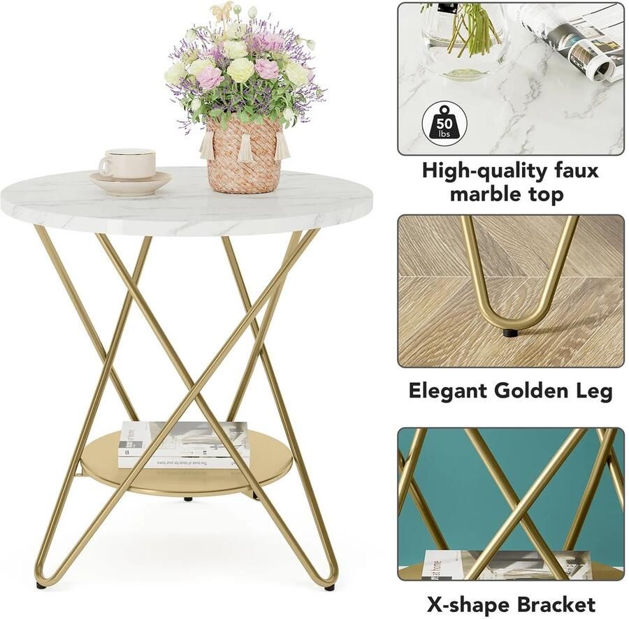 Gouden Marmeren Dubbelle Bijzettafel 64 cm hoog 50 Diameter Eindtafel Ronde Salontafel Faux Marmeren Snacktafel Onderste Plank biedt Extra Opslag Antislippad aan de onderkant van elke tafelpoot maakt het stabieler voorkomt krassen op de vloer GOUD