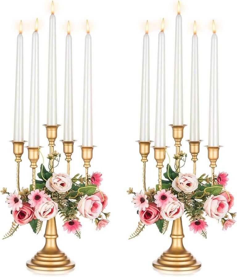 Gouden Metalen Kandelaar 29.5cm Set van 2 Middenstuk 5-kaarsenstandaards Open Haard Bruiloft Antiek Decoratief Eettafel Kerstmis