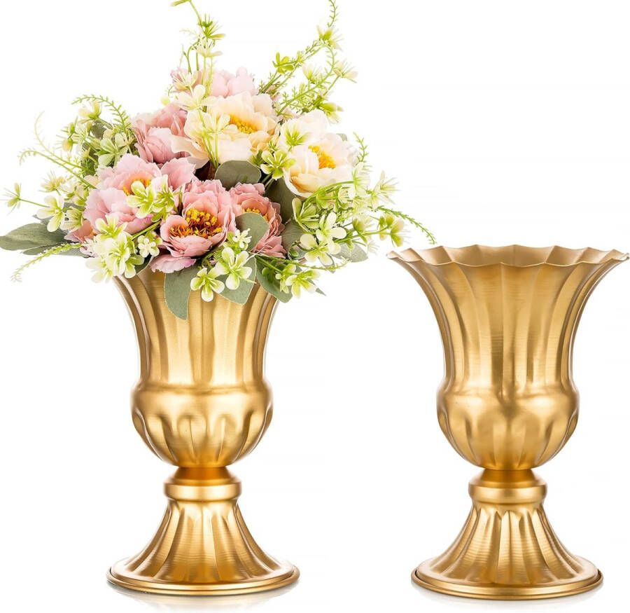 Gouden metalen vaas voor bruiloft 2 stuks kleine bloemenvaas decoratie bruiloft middenstukken vintage trompetvaas urnplanter voor woonkamer keuken kantoor keuken en tafel 23 cm