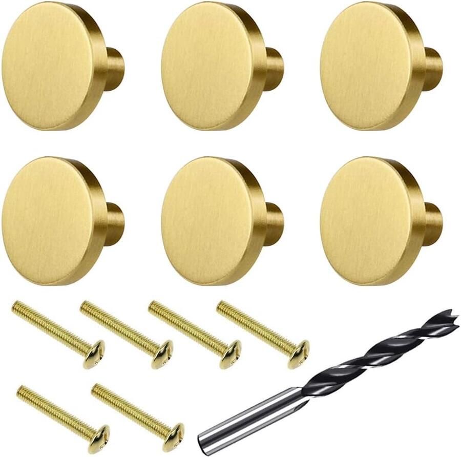 Gouden Meubelkralen Ronde Kastknoppen Pack van 6 Massief Messing Meubelhandvatten Kasthandvatten met 6 Schroeven en M4 Houtbewerkingsboorknoppen voor Kastdeuren en Ladefronten (25 x 20)