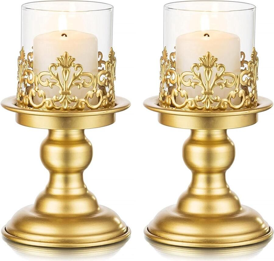 Gouden Pijler Kandelaars voor Tafel Centerpieces Vintage Kandelaar Houder 2 Stuks Goud Metaal en Glas