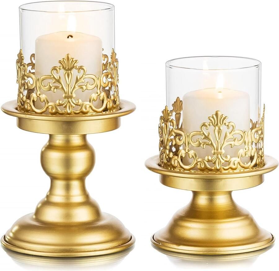 Gouden Pijler Kandelaars voor Tafel Centerpieces Vintage Metalen Kandelaar Houder Glazen Hurricane Kandelaars voor Woonkamer Eetkamer Slaapkamer Kantoor Kerst Tafeldecoratie