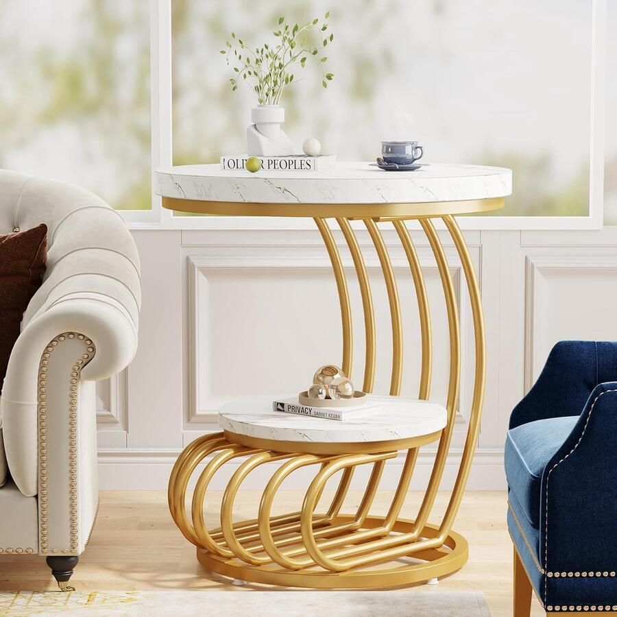 Gouden Ronde Bijzettafel Set van 2-Laags Tafeltje met Opbergvak Moderne Nachtkastjes in Wit-Goud met Marmerlook Voor Woonkamer en Slaapkamer