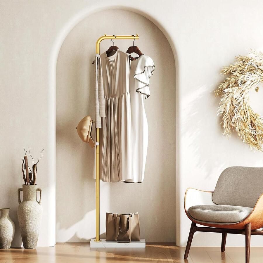 Gouden staande kapstok – kledingrek met 3 haken en stevige verdikte basis ideaal voor entree woonkamer of slaapkamer wit en goud