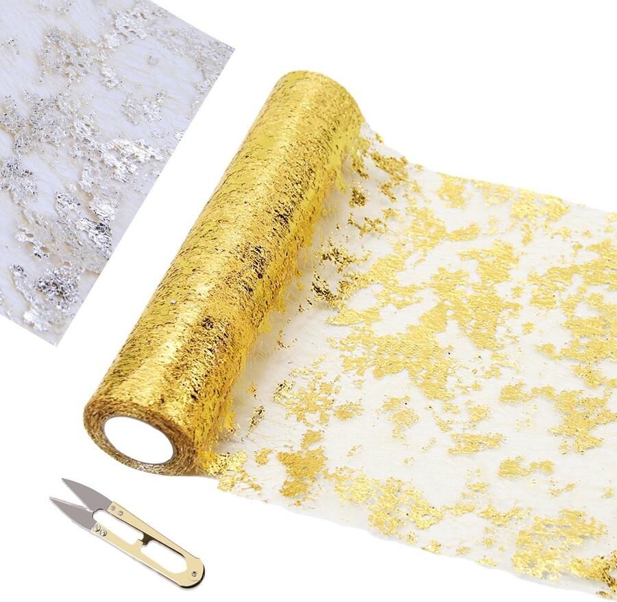 Gouden tafelloper met lentegarenschaar decoratief 1 stuk polyester 10 meter