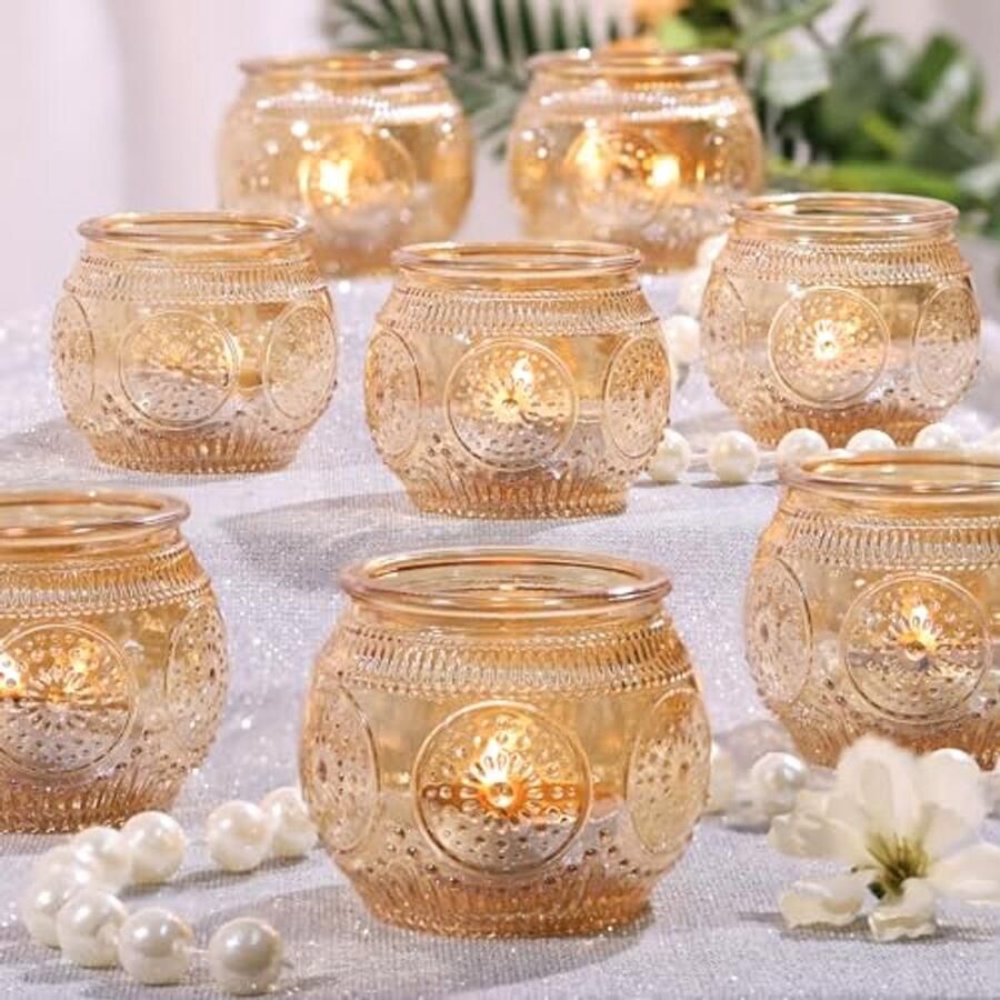 Gouden Theelichtkaarsenhouders 12 Stuks Votiefs voor Tafels Vintage Kaarsen voor Bruiloft Herfst Thanksgiving en Kerstmis