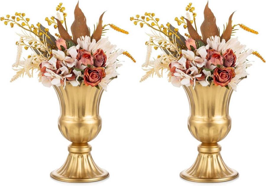 Luxiba Gouden vaas voor bruiloft middenstukken 2 stuks 23 cm hoog metalen urnvazen elegante bloem urn plantenbak voor tafel kleine bloem trompetvaas voor bruiloften verjaardag feest