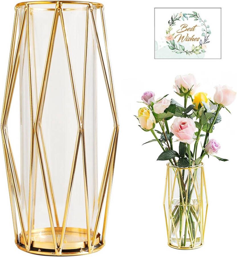 Gouden vazen decoratie voor pampasgras hoge vloervaas met metalen frame 22 cm geometrische decoratieve vaas grote cilindervazen voor woonkamer bruiloft tafel badkamer eettafel