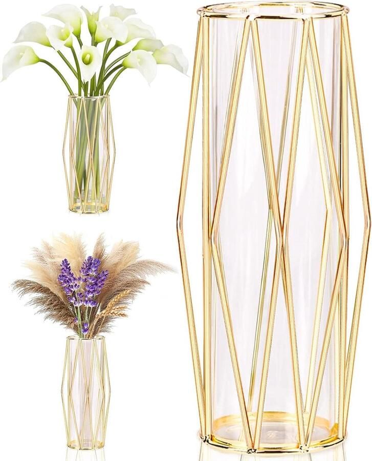 Gouden vazendecoratie voor pampasgras Vaas met metalen frame voor bruiloft middelpunt of bureau 28 cm hoog