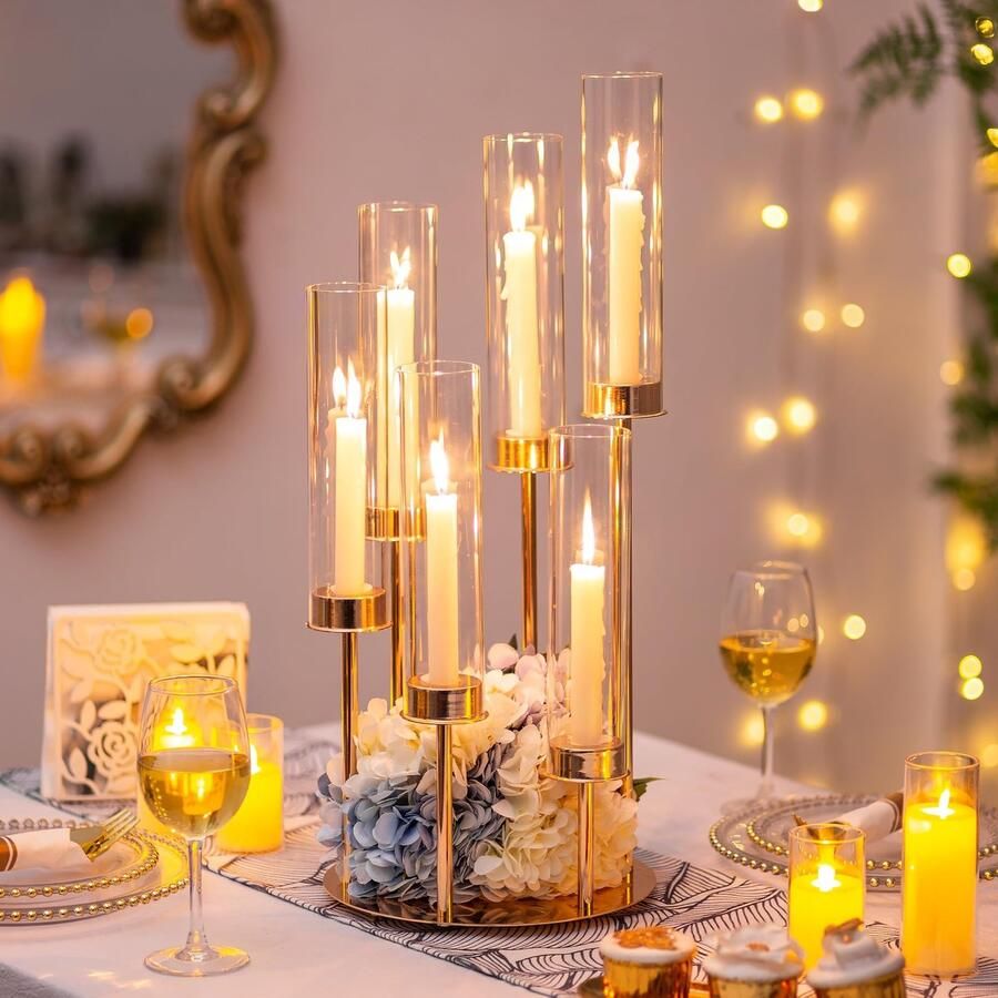 Gouden Vloer Kaarsenhouder Metalen Kandelaar Houders Hurricane Taper Kaarsenhouders Hoge Kandelaar voor Tafel Middenstuk Bruiloft Evenement Kerstmis of Feest - Foto 2