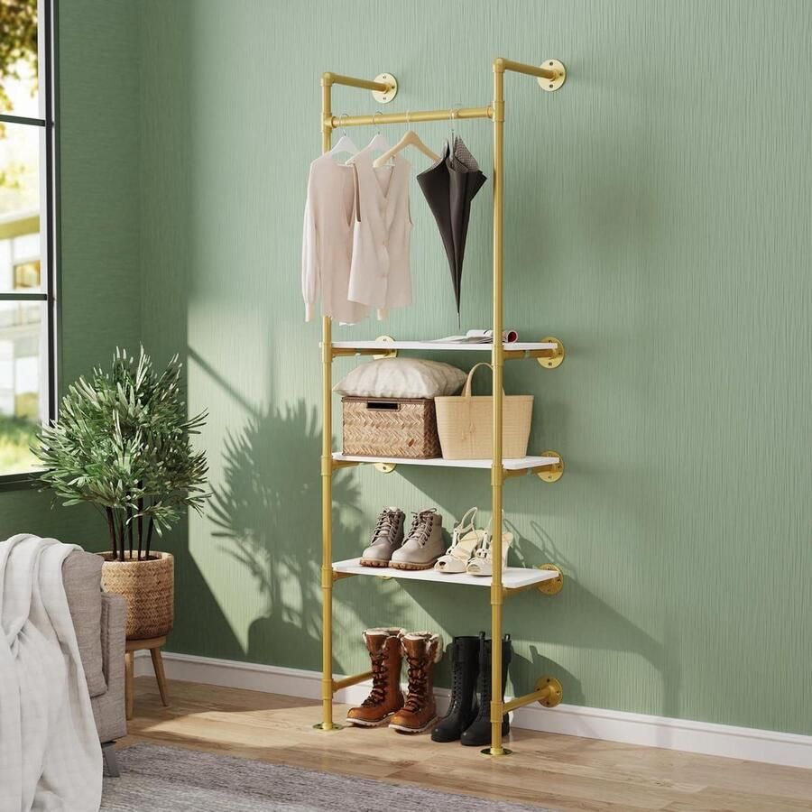 Gouden wandkapstok massief kledingrek op standaard metalen garderobe voor entree slaapkamer 61 x 31 x 178 cm kapstok hangend met plank