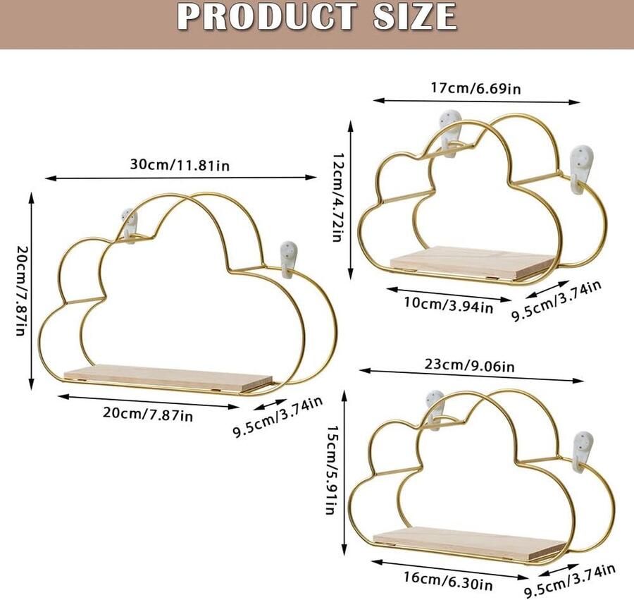 Gouden wandrek metaal 3-delige set decoratieve hangplanken loft wandplanken voor wanddecoratie in woonkamer slaapkamer badkamer café en hotel