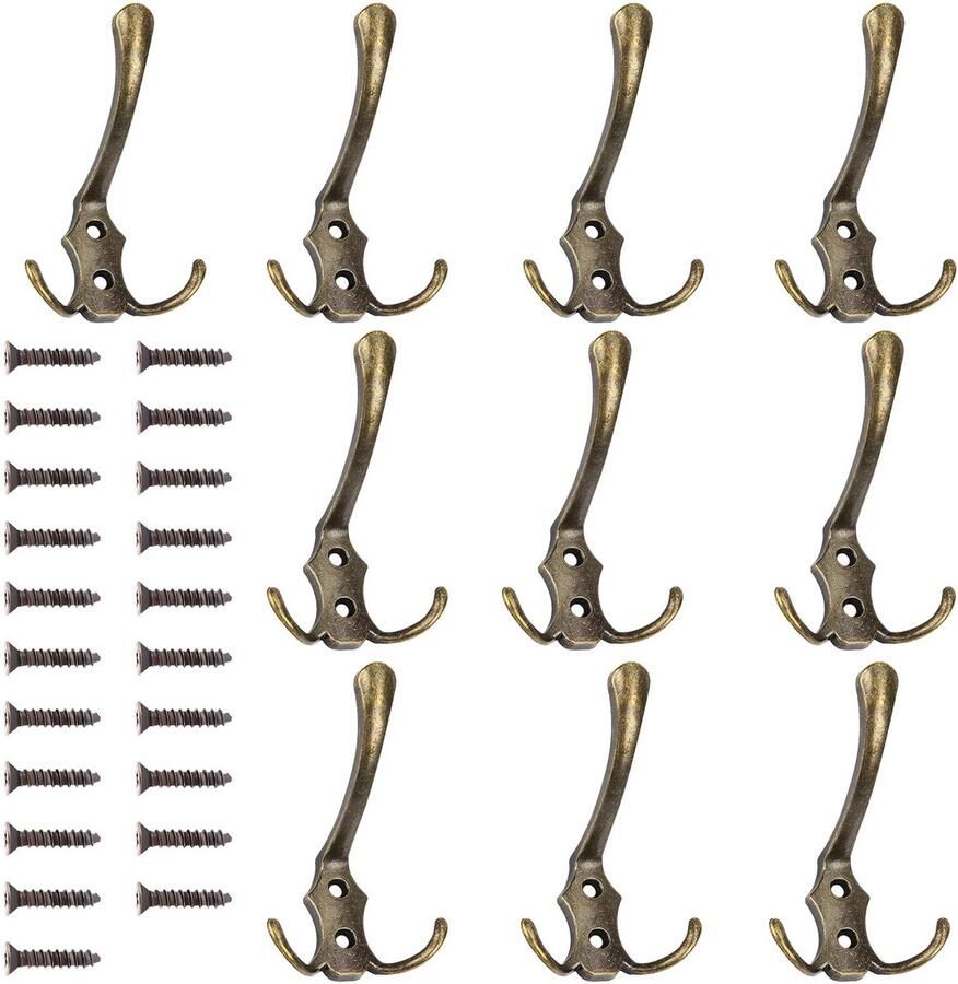 GOWTX 10-pack bronzen kapstokhaken vintage bronzen kapstokhaken drie kapstokhaken krasbestendige kledinghaken met schroeven massief antieke dubbele haken voor badkamer slaapkamer en keuken