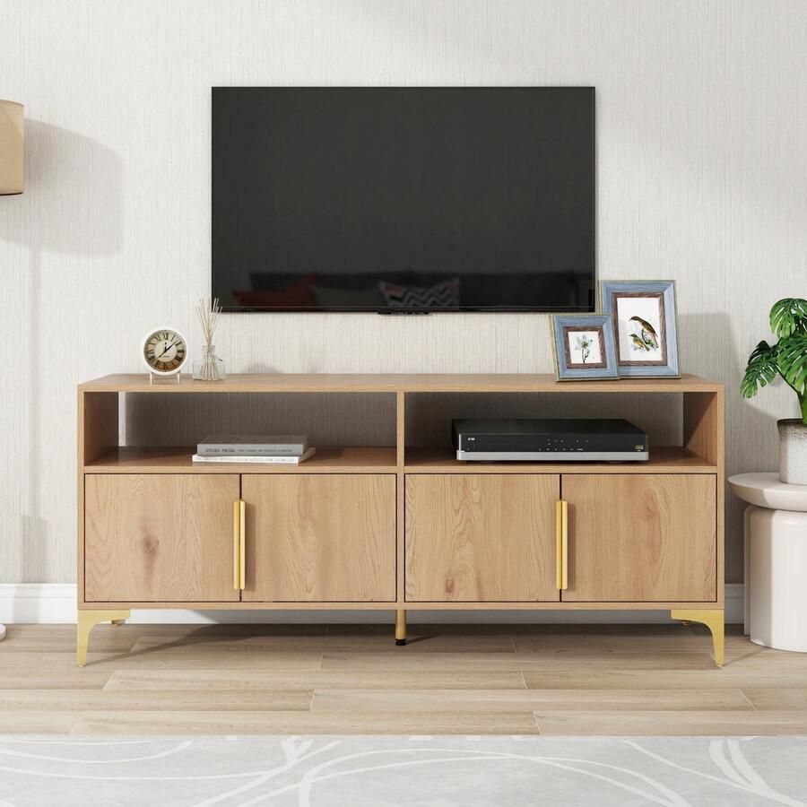 Gran Vida 4-deurs Tv-Kast Met 2 Open Planken Tv-Kast Voor Tv 'S Tot 65 147X40X64 Cm (Natuurlijk Hout)
