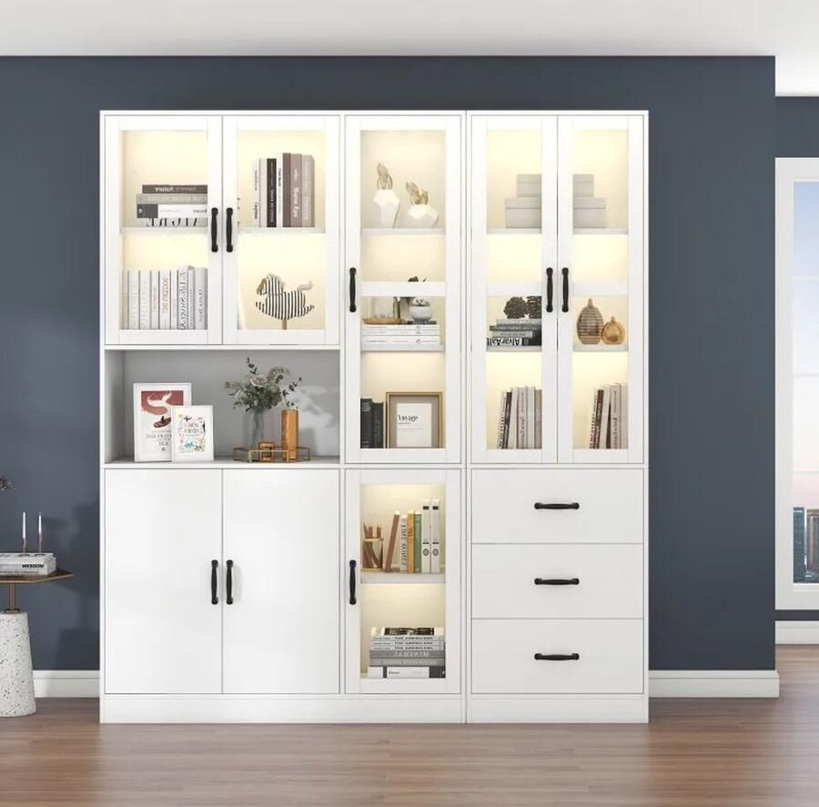 Gran Vida Boekenkast Inclusief LED Verlichting 8 Deuren & 3 Lades Wit Modern Design 200x180 cm