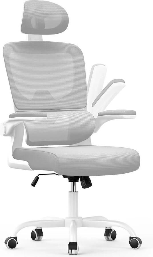 Gran Vida Ergonomische Bureaustoel Nek- en Rugondersteuning Verstelbare Hoogte Opklapbare Armleuningen Geschikt tot 136kg Grijs