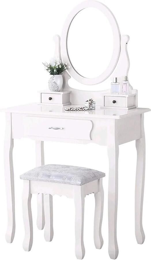 Gran Vida Kaptafel Set Vintage Design 360° Draaibare Spiegel Inclusief Gestoffeerde Kruk Wit Voor Make-up en Sieraden