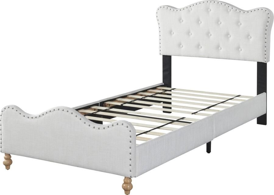 Gran Vida Kinderbed Inclusief Lattenbodem Gestoffeerd Linnen Wit Hoofdbord en Voeteinde 90x200