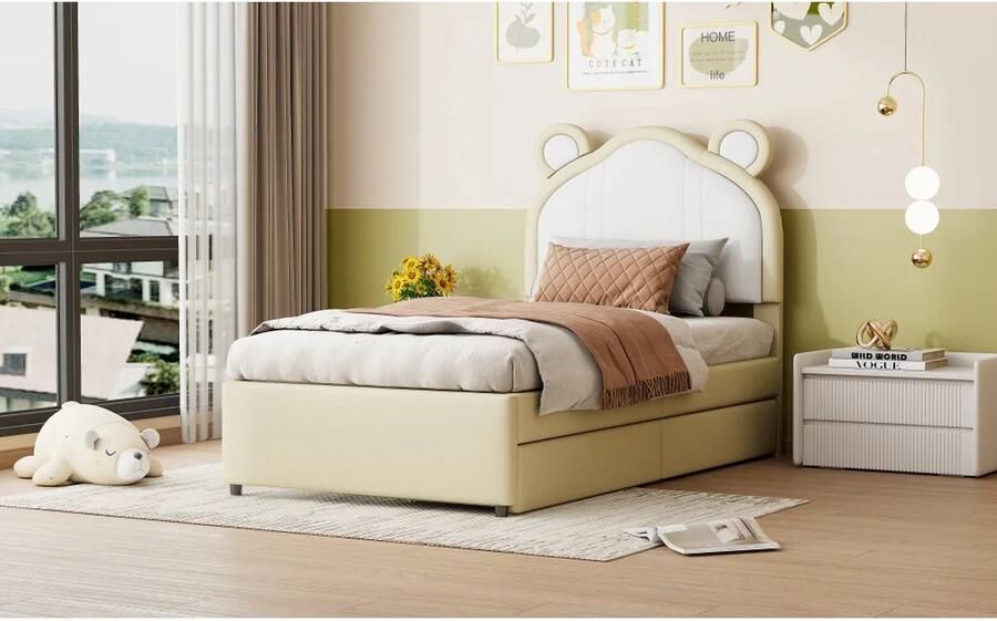 Gran Vida Kinderbed Metalen Frame Kunstleer Inclusief Opberglades Beige 90x200 cm