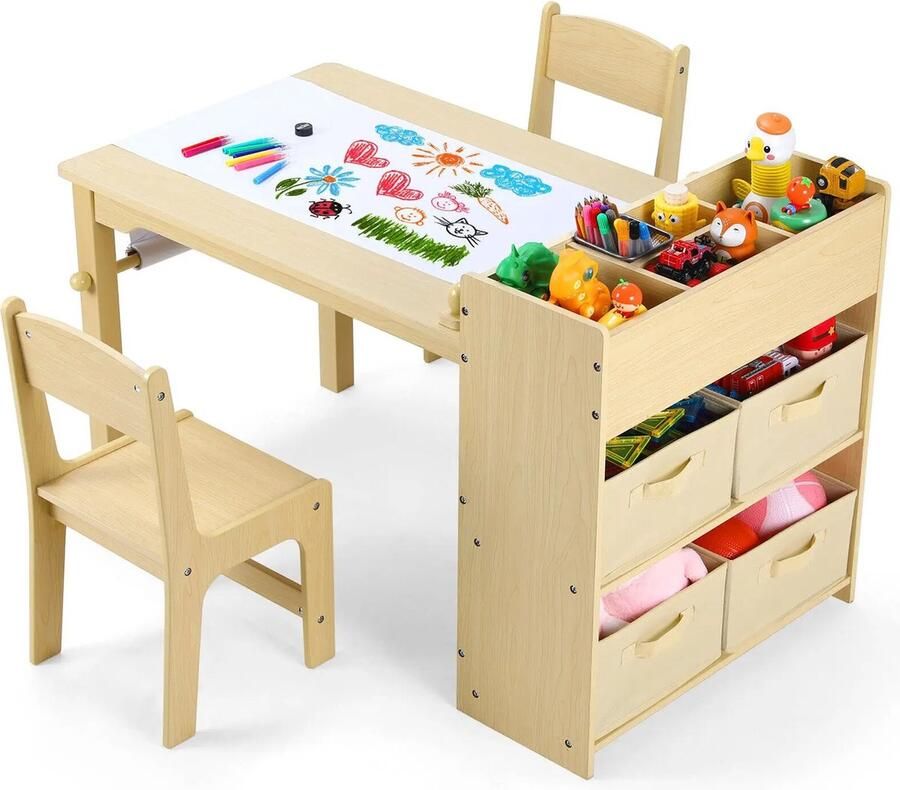 Gran Vida Kindertafel Met Stoelen en Opbergplanken Papierrolhouder Minimalistisch Modern Houten Ambachtelijke Tafel
