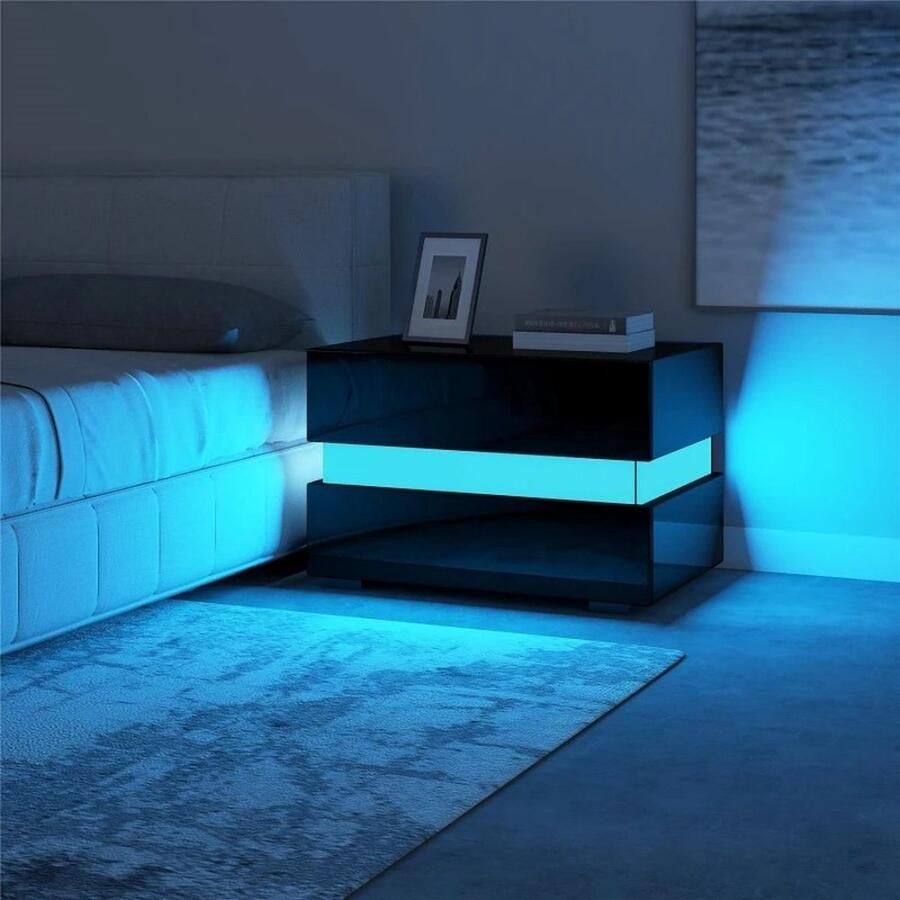 Gran Vida Modern Nachtkastje Inclusief USB Oplaadpoorten LED- Verlichting Compact Ontwerp Hoogglans Zwart 60 x 38 x 47