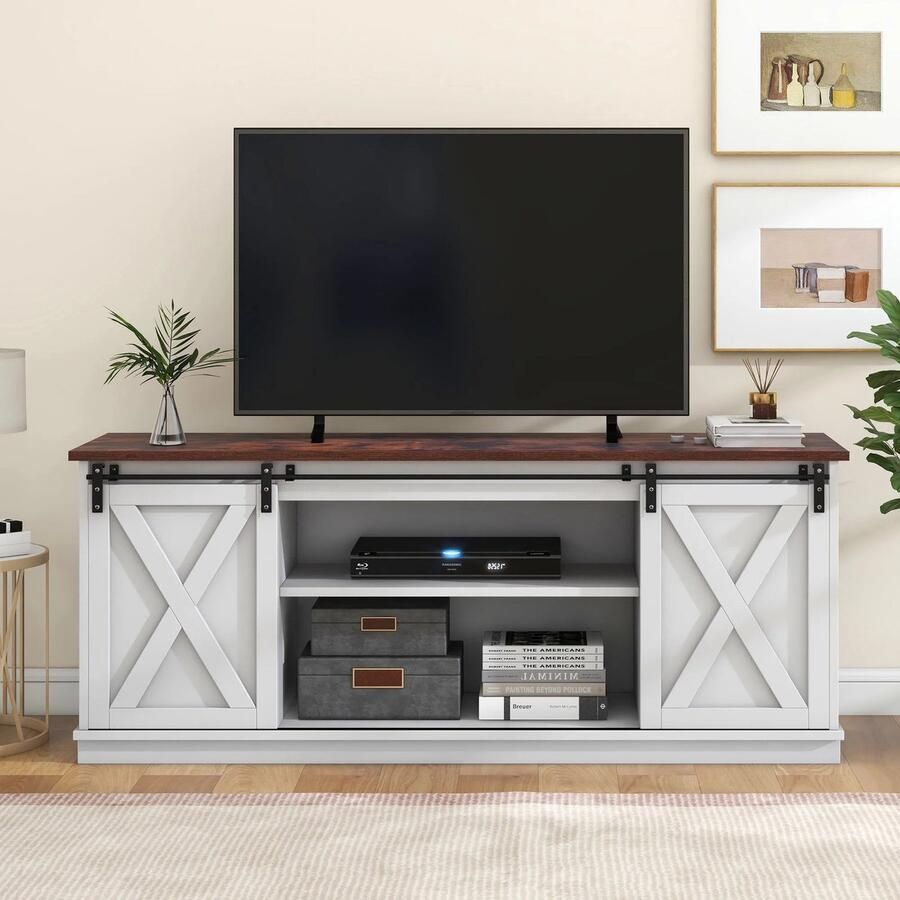 Gran Vida TV Meubel Inclusief LED Verlichting Schuifdeuren Landelijke Stijl Veel Opbergruimte Wit 150x40x61