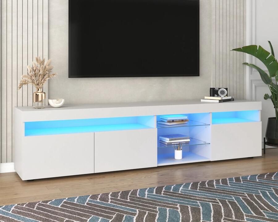 Gran Vida TV Meubel met LED Verlichting Glazen Legplanken Wit 180 x 35 x 45cm