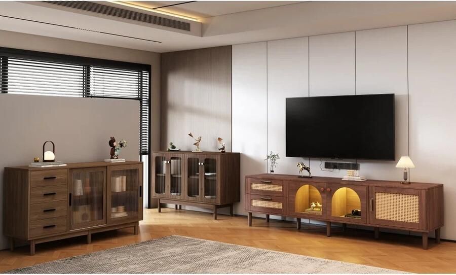 Gran Vida Woonkamer meubelset Inclusief TV-Kast Zijmeubel En Hoekkast Bruin met Glazen Deuren Antieke Uitstraling