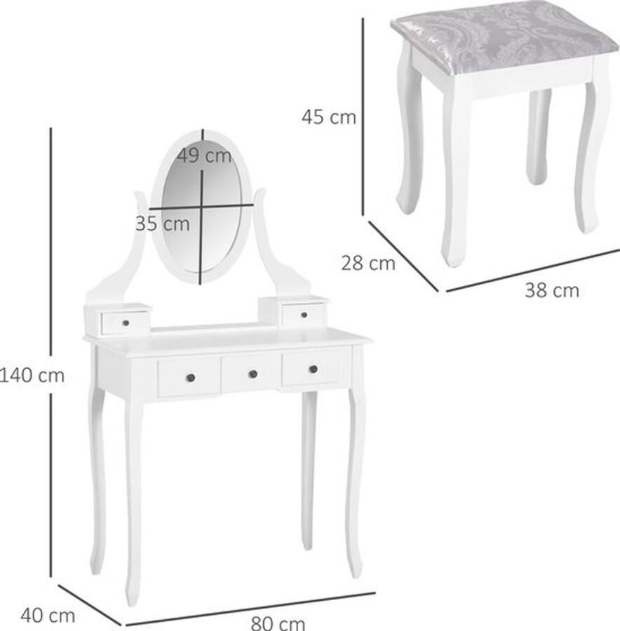 Gran VidaÂ Kaptafel Inclusief Gestoffeerde Kruk Wit 80x40x140 cm