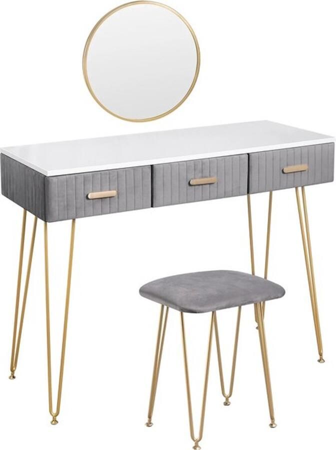 Gran VidaÂ Moderne Kaptafel Set Grijs met Elegante Afwerkingen Make-up Tafel Inclusief Spiegel en Kruk