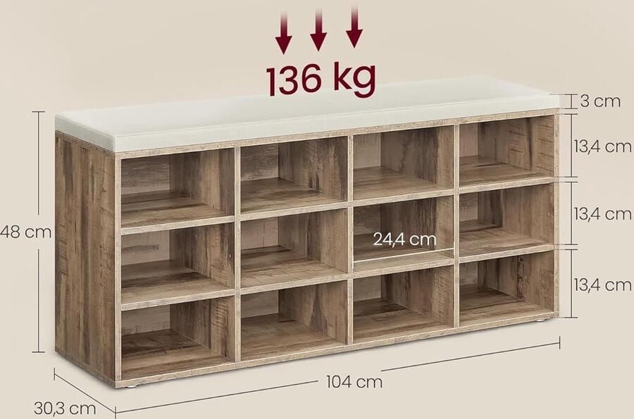 Praktische Elegante Schoenenbank 12 Ruime Vakken Zachte Zitkussen 18 3kg Hout 30 3x104x48cm Schoenenrek- Veelzijdige Halmeubel- Bank Opbergruimte- Praktische Oplossing Vakken Bedbank Slaapkamer- Elegante Uitstraling Organiseren Schoenen Stabiel